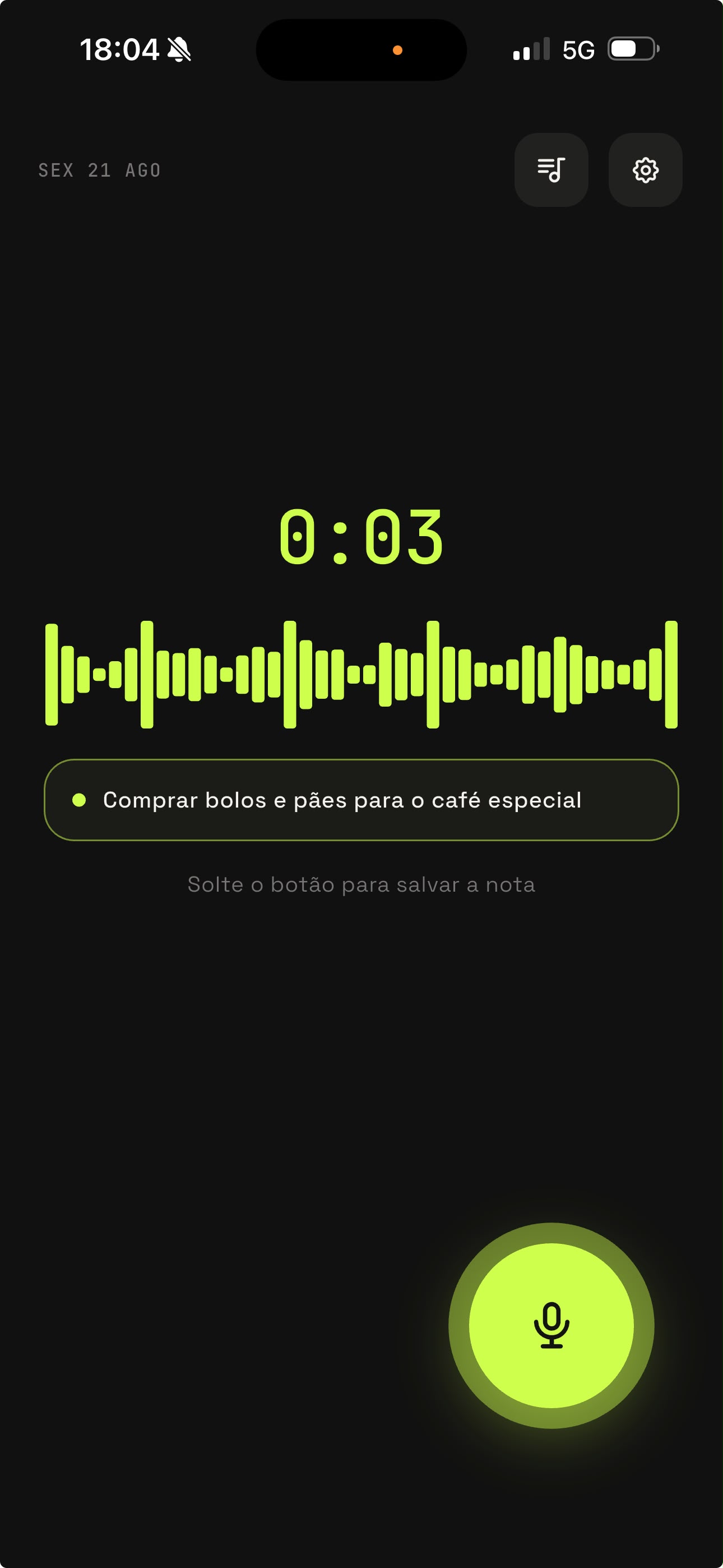 Tela de gravação por voz